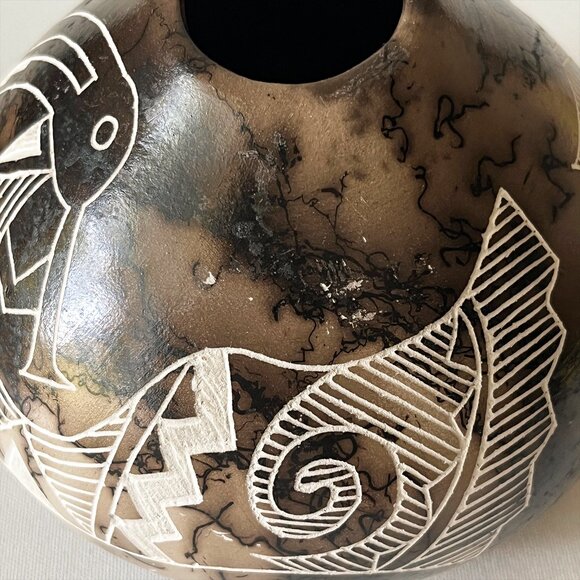 Acoma Pueblo Horse Hair Pottery Native American Vase Gary Yellow Corn Signed - Picture 10 of 14